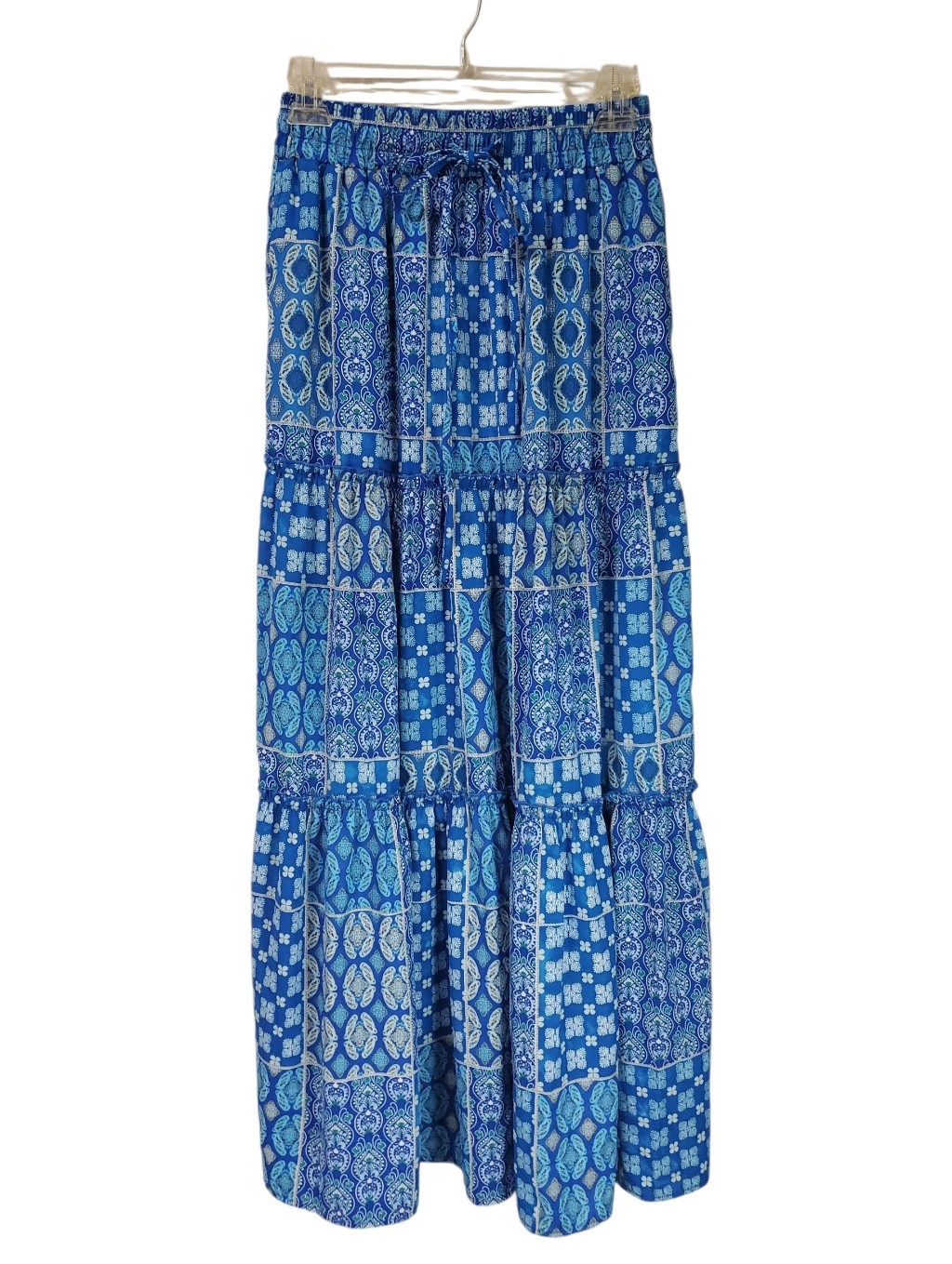 Bohemian Hippie Festival Beach Maxi Layered Skirt Blue Size Small Geometric